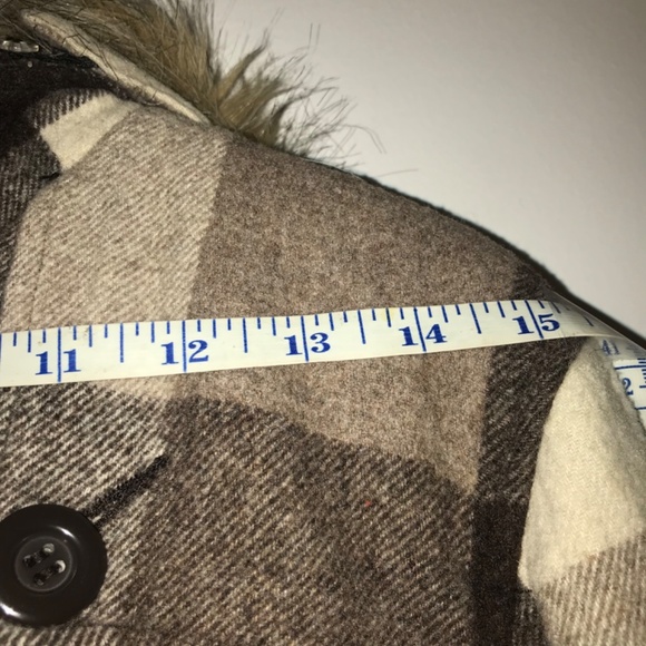 Vintage Y2K Lola Brown Plaid Wool Blend Crop Bomber Coat w/Faux Fur Trim Hood - Picture 14 of 15